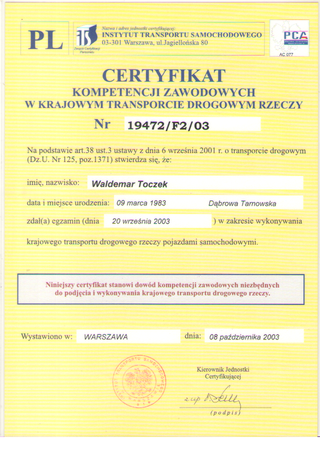 Certyfikat Krajówka