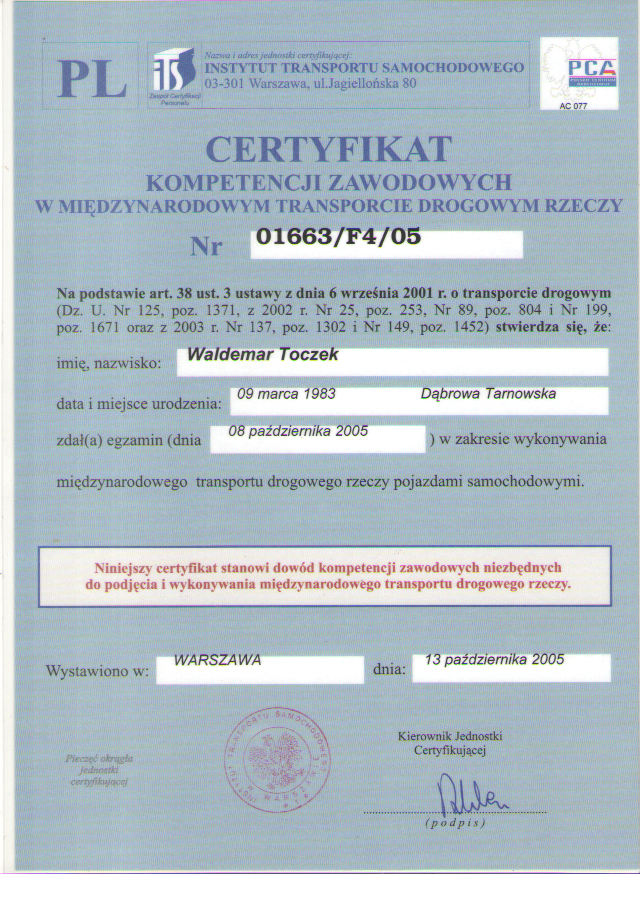 Certyfikat Międzynarodowy